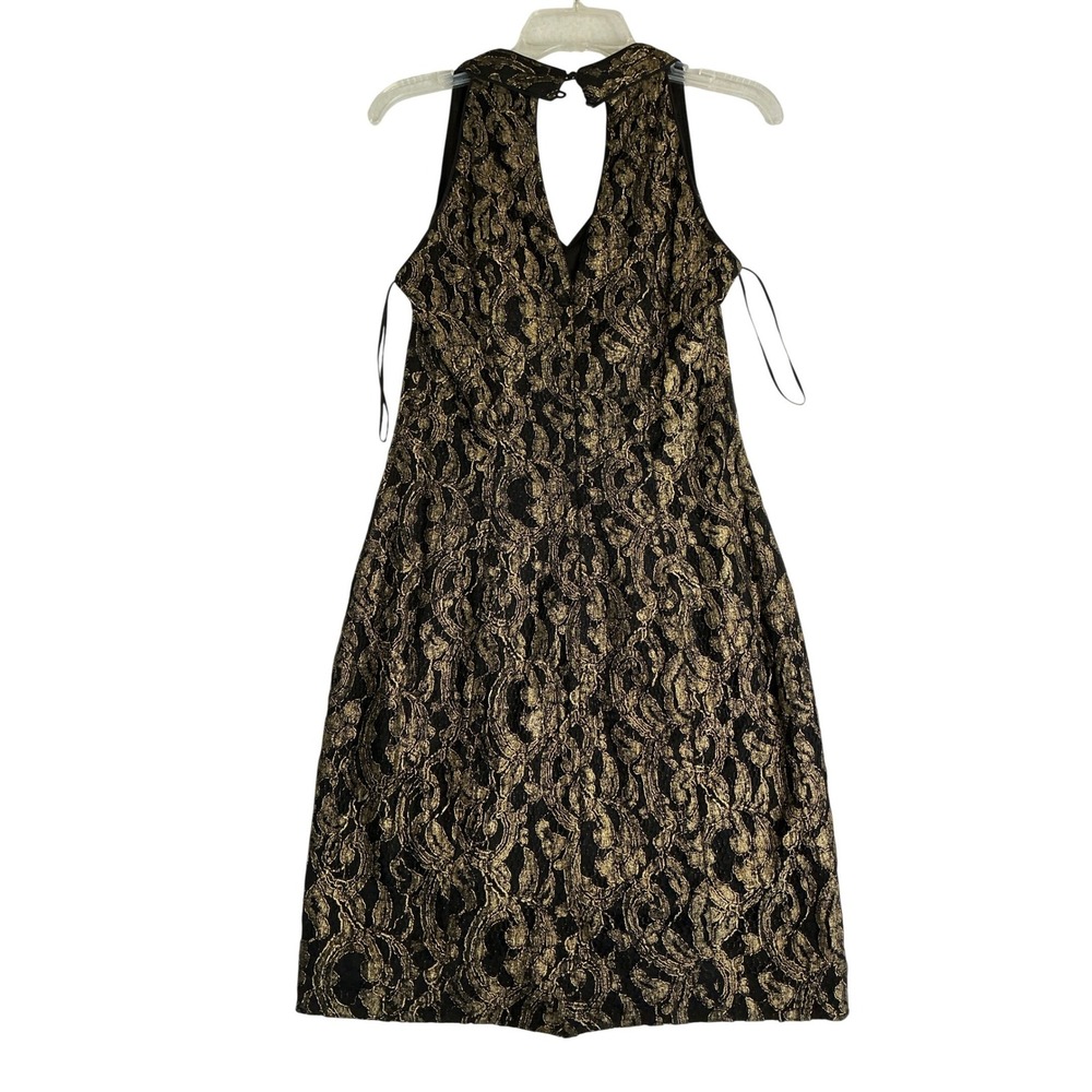 Cache Gold Metallic Lace Halter Dress Black Keyhole Back Cocktail Sheath Size 6 - Picture 5 of 5